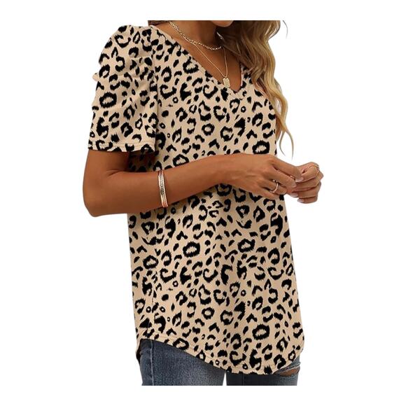 NWT XIEERDUO Animal Print V-Neck Puffed Sleeve Top Tan Black Blouse Size Small - Picture 4 of 5